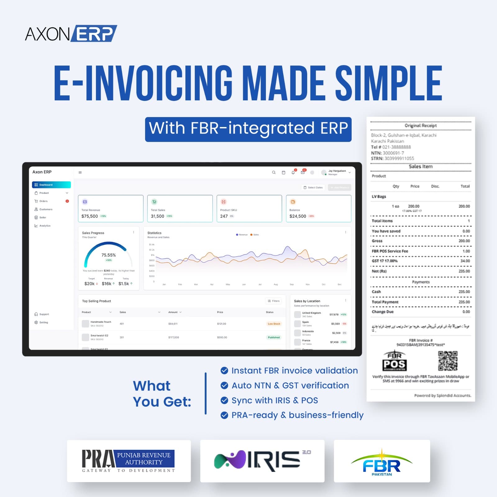 FBR PRA E-Invoicing software Pakistan - Axon ERP compliant invoice with IRN tracking